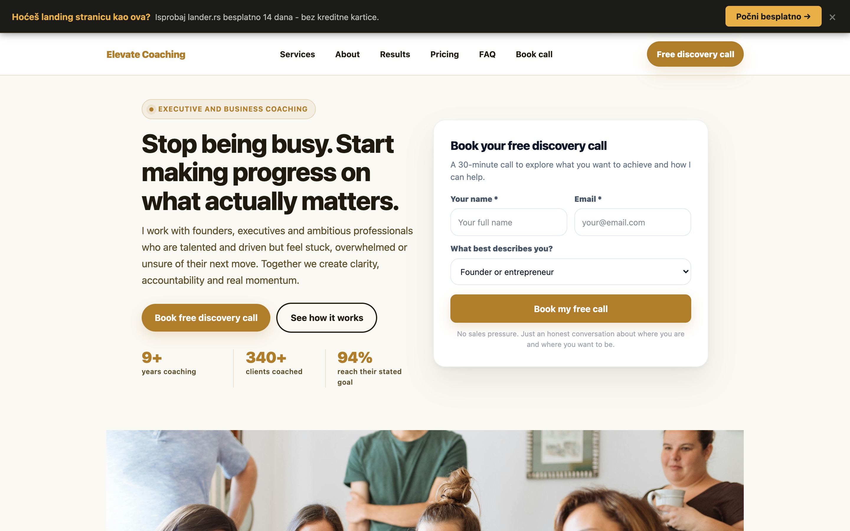 Business coach landing page example