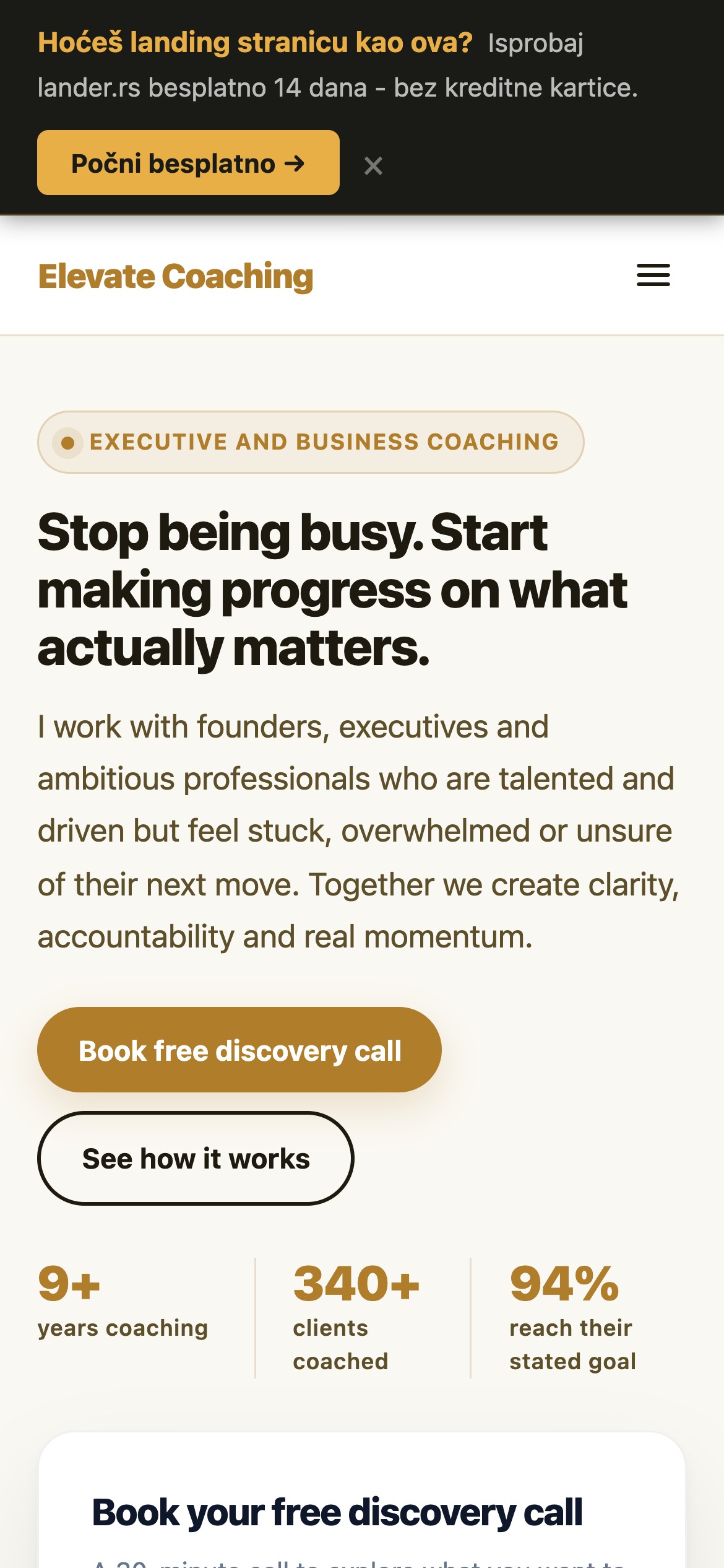 Elevate Coaching landing page - mobile