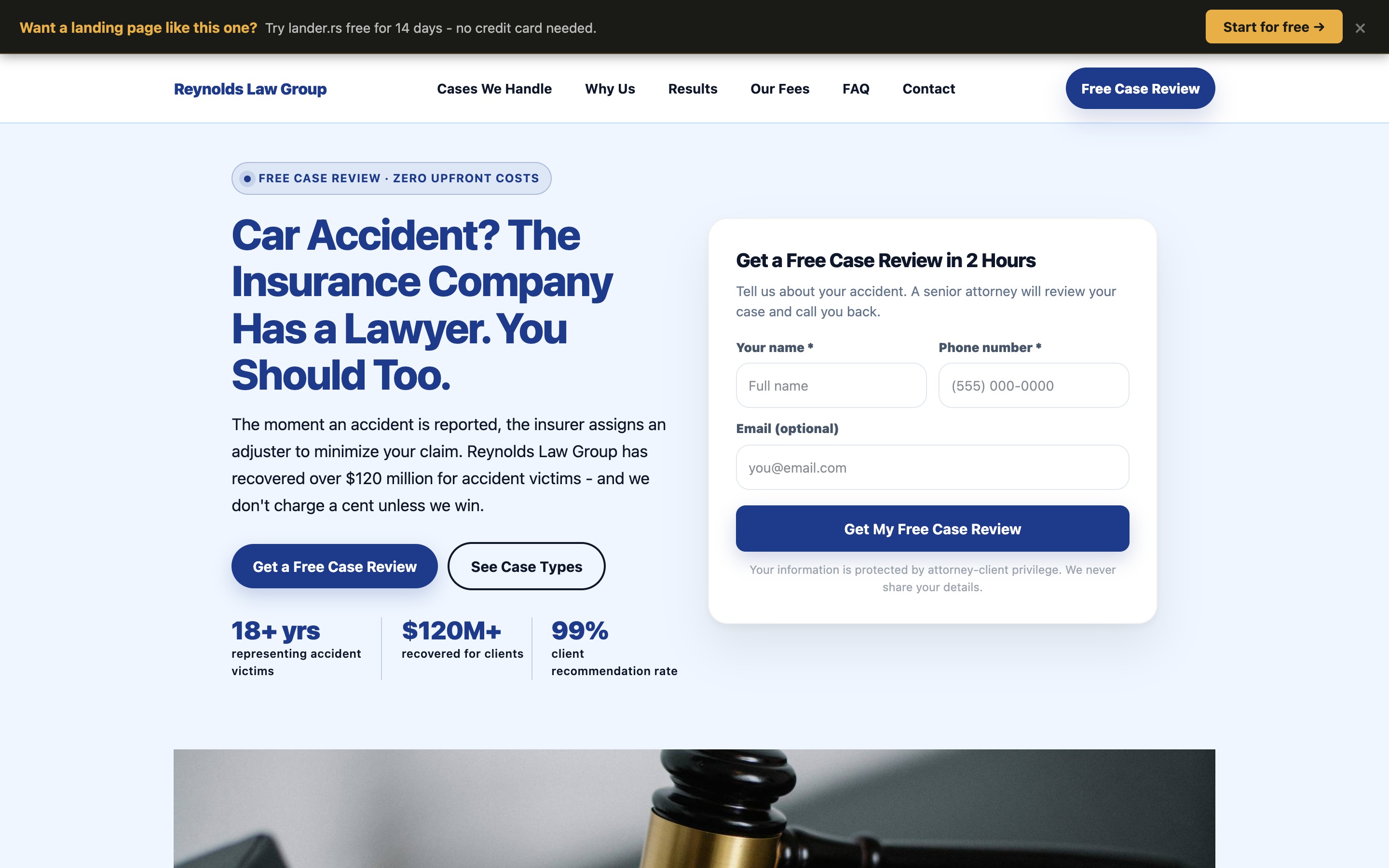 Car accident lawyer landing page example
