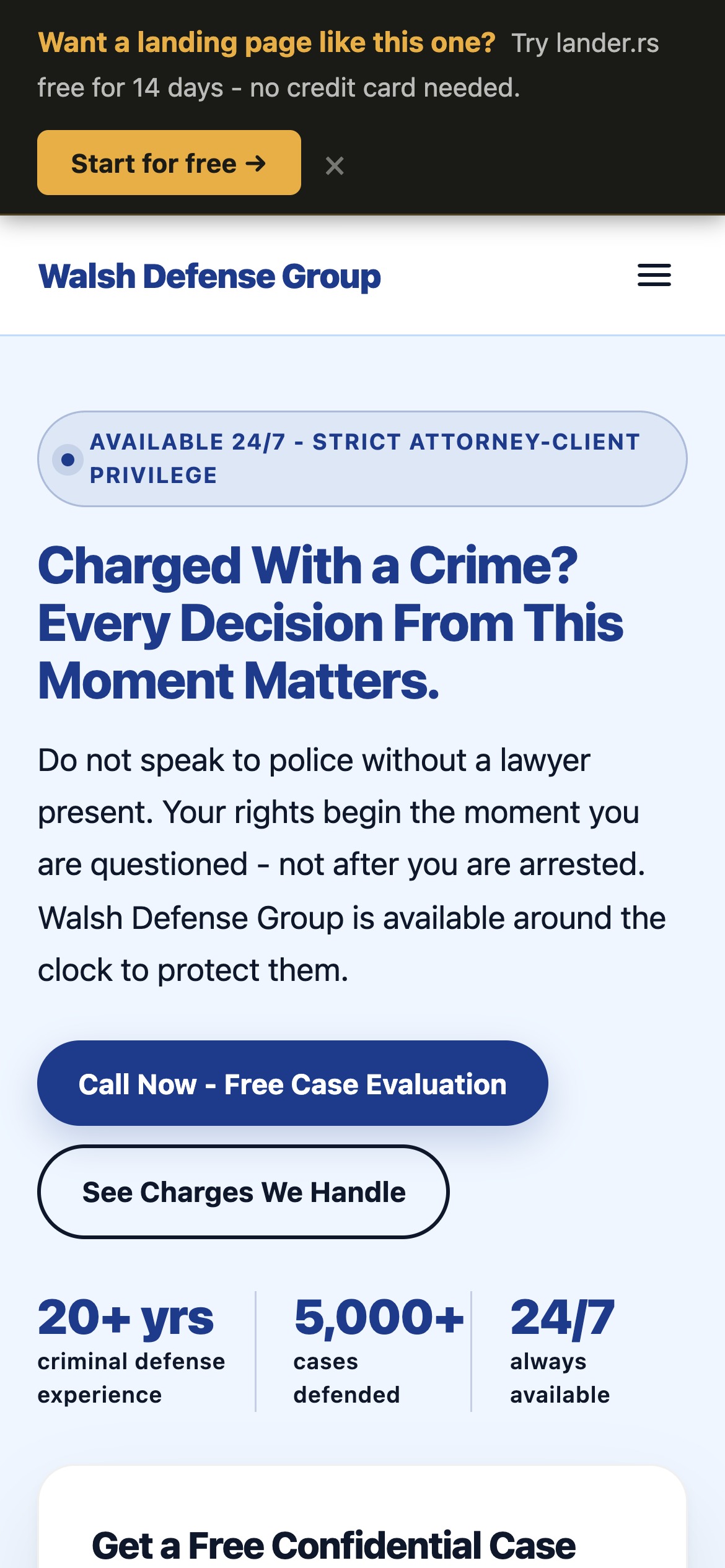 Walsh Defense Group landing page - mobile