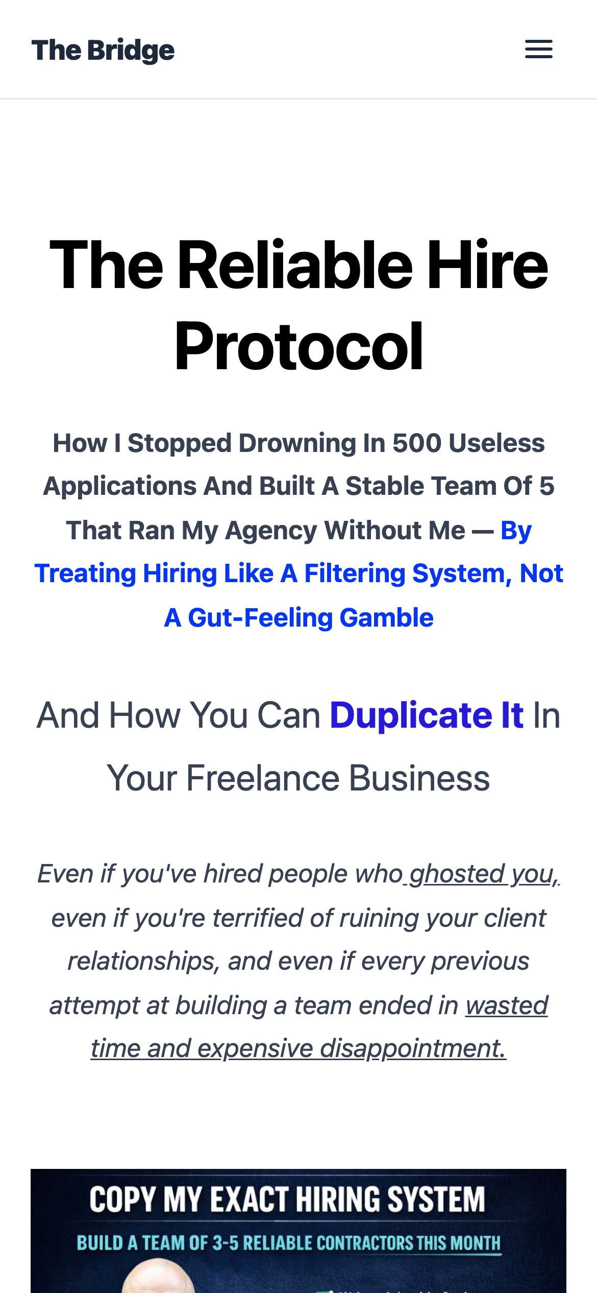 The Bridge Hiring Protocol landing page - mobile view