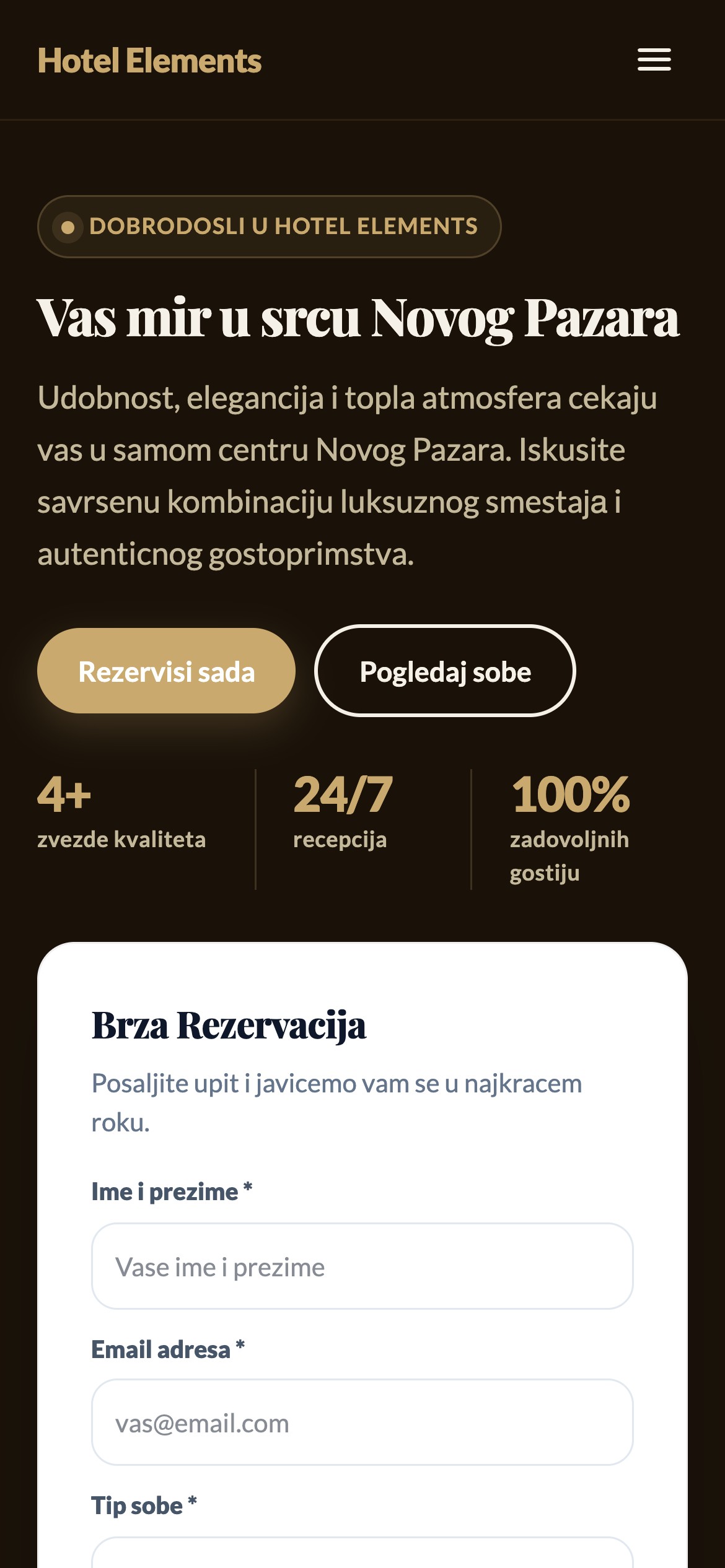 Sajt za hotel - mobilni prikaz