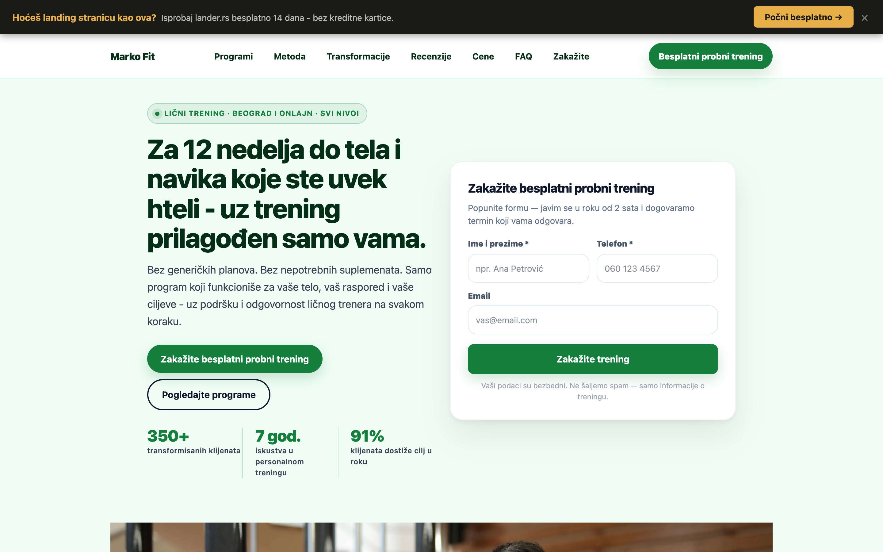 Primer sajta za licnog trenera