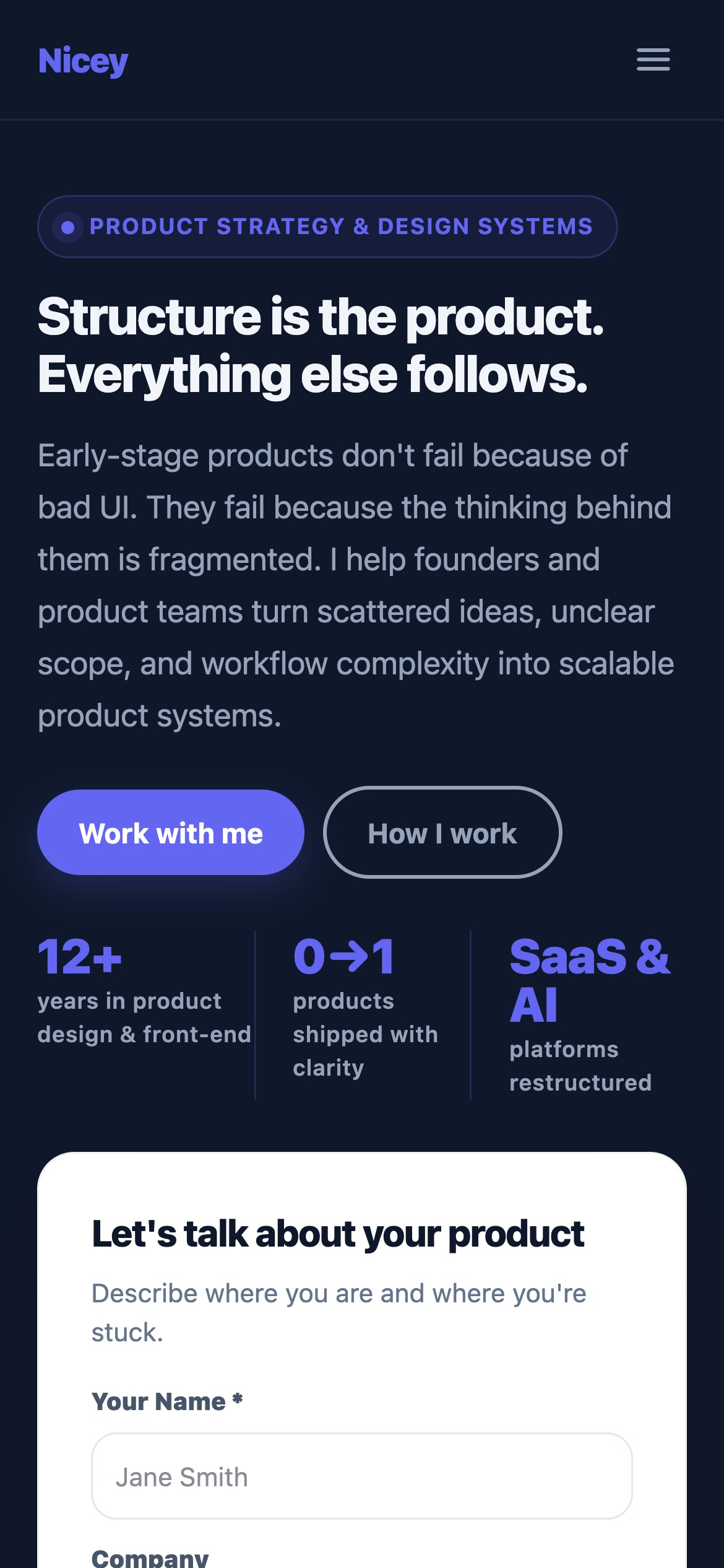 Nicey landing page - mobile