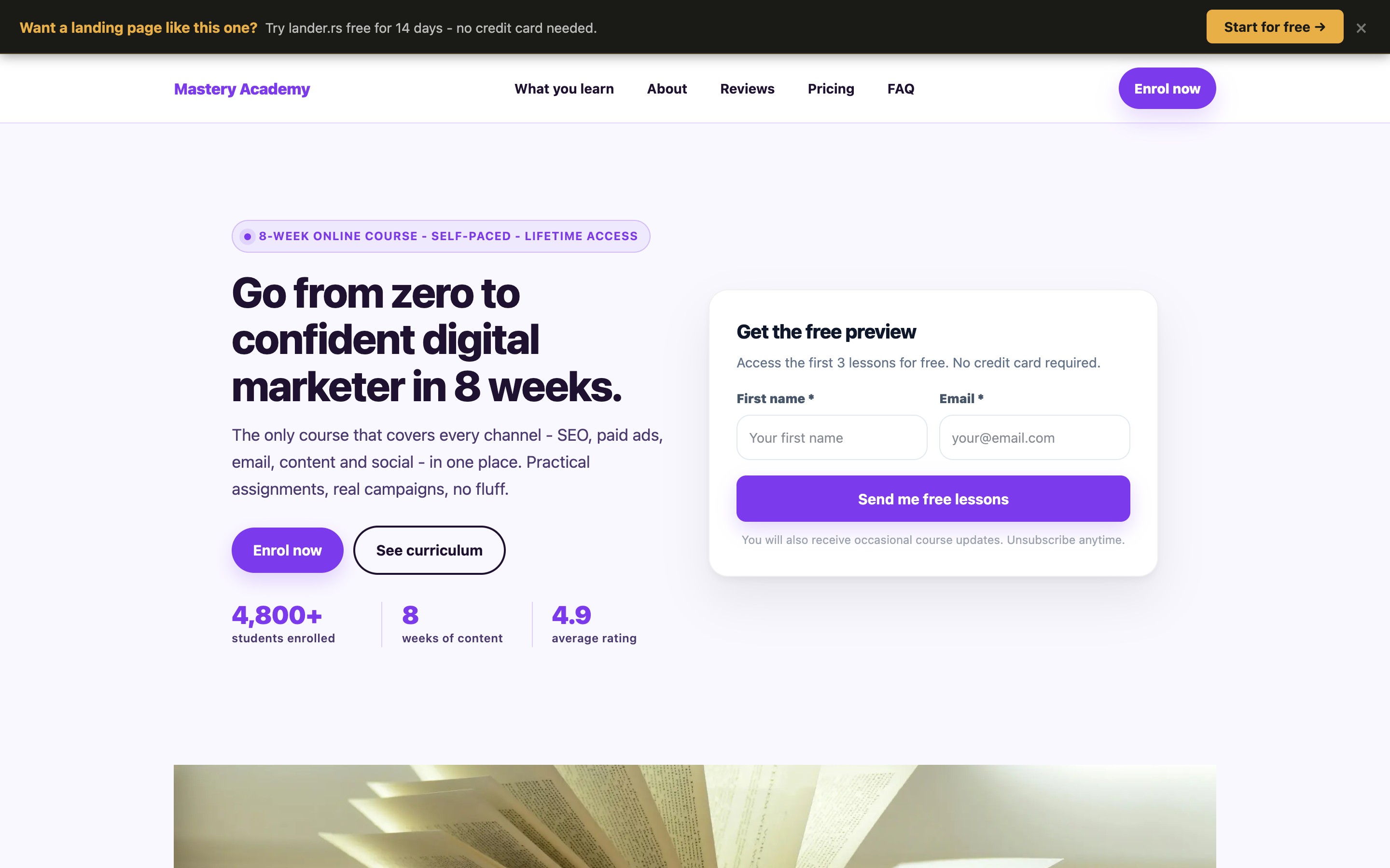 Online course landing page example