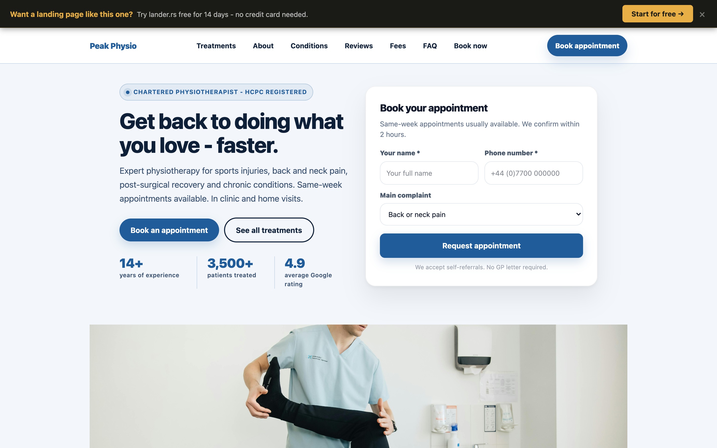 Physiotherapist landing page example