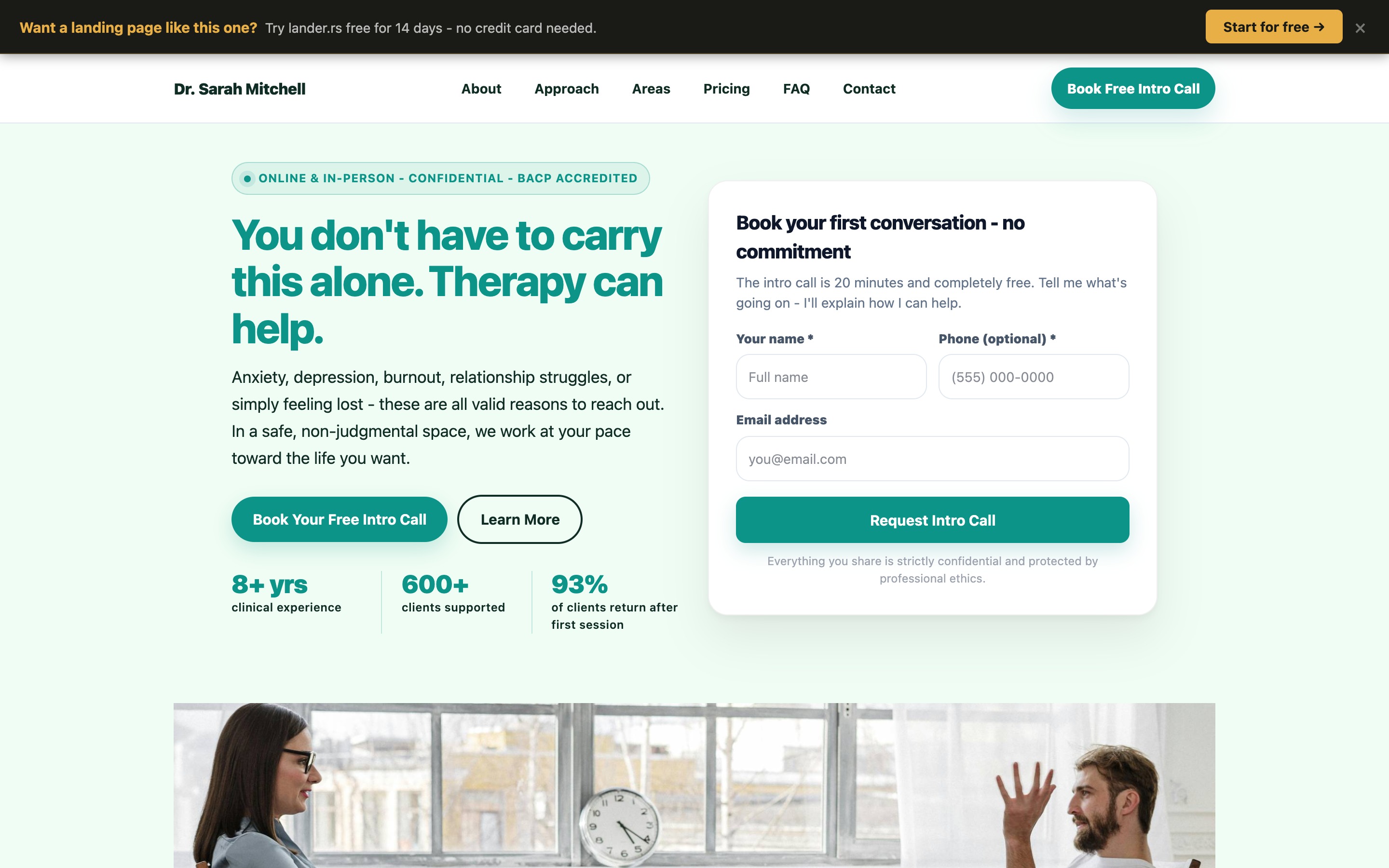 Psychotherapist landing page example