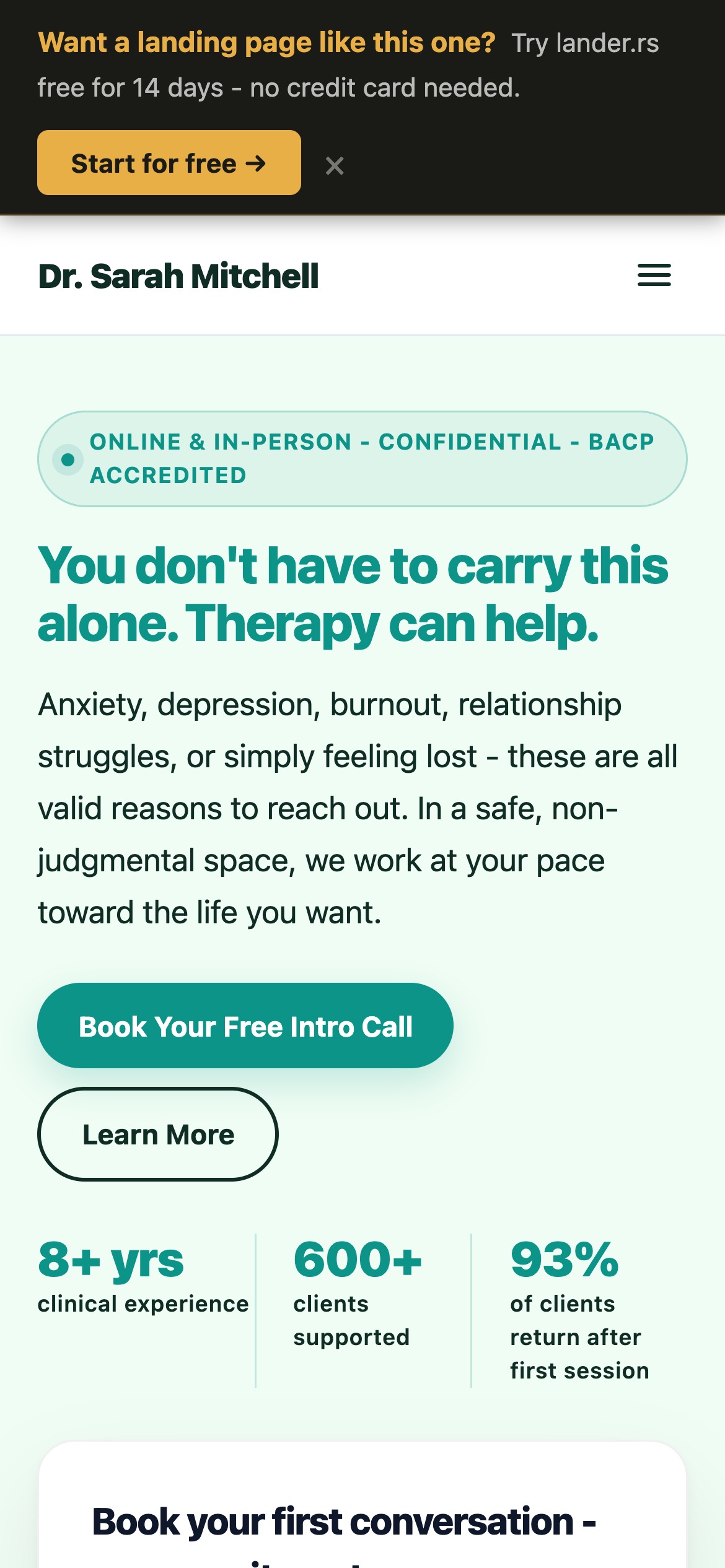 Dr. Sarah Mitchell landing page - mobile