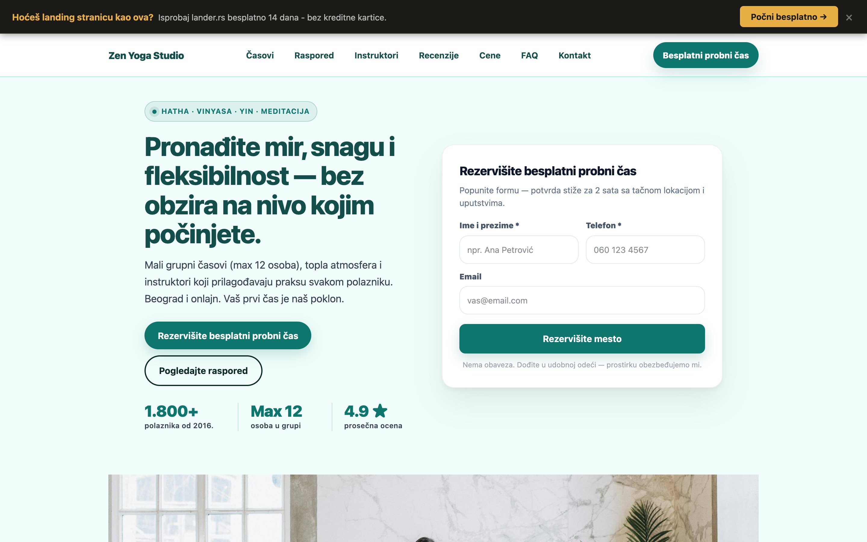 Primer sajta za yoga studio